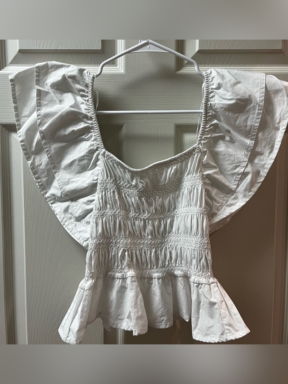 100% Crisp Cotton White Smocked Flutter-Sleeve Women's Top